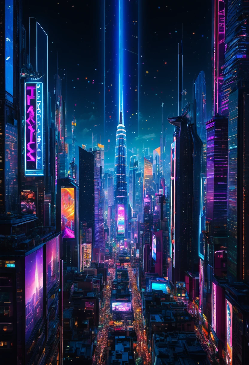 A stunning, high-resolution cinematic night scene of a futuristic cityscape, featuring towering high-rises that pierce the sky. The buildings are illuminated with vibrant neon lights and holographic advertisements, casting a kaleidoscope of colors across the city. In the distance, a single star twinkles brightly, offering a contrast to the man-made lights. The atmosphere is a captivating blend of fantasy and realism, inviting viewers to explore a world of luxury and advanced technology., cinematic