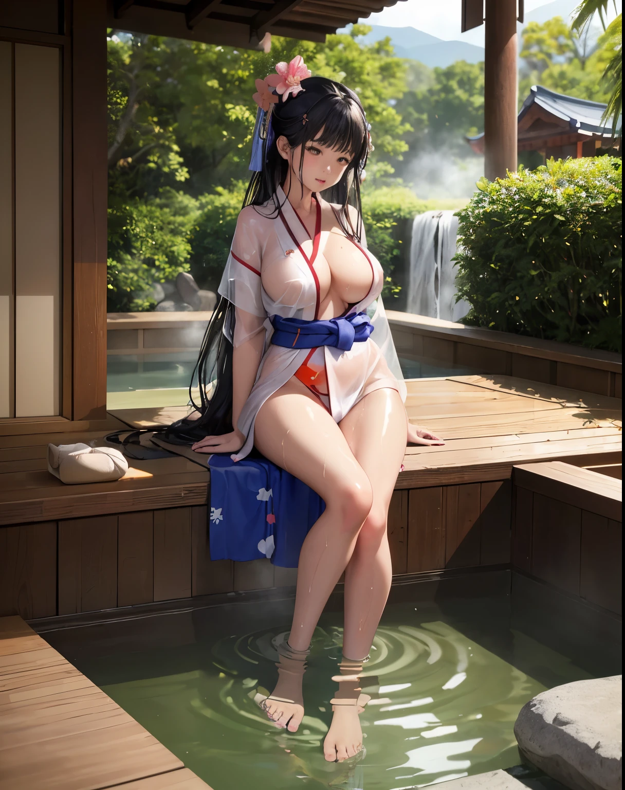 masterpiece, Highest quality, Realistic, 1 girl, Open-air hot spring, Yukata figure, The yukata is wet and transparent, Wear a yukata and enter the hot springs, Drenched yukata, A woman wearing a yukata, Beautiful long hair, Big Ass, , Realistic美しいlegs, 私t&#39;my breasts are big, Sit with your legs wide apart, barefoot, Protruding nipples, My whole body was covered in foam., A well-trained body, Abdominal muscles, Professional Lighting, Glowing Skin, Full body photo including legs