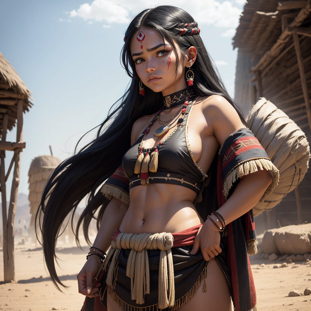 I want you to create a character. She is a young 25-year-old woman with the typical characteristics of the Apache people. Her long, straight black hair frames a face with tanned skin, common among her people. His light blue eyes contrast with the color of his skin, creating a penetrating and expressive look. She wears traditional clothing from her tribe, made from animal skin, and her face is painted black as part of a war ritual. she is a warrior