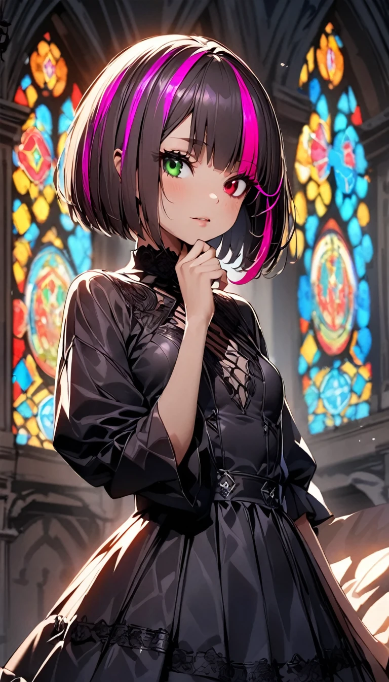 (highest quality:1.2, Very detailed, up to date, Vibrant, Ultra-high resolution, High Contrast, masterpiece:1.2, highest quality, Best aesthetics), Portraiture、girl、solo, (25-years-old:1), slim, , heterrochromia, green eye, red eye, ((gothic lolita:1.3)), intricate black lace dress, (in charch), (Stained glass:1), Bright colors、Beautiful fine details、Beautiful lip detail、extra short hair, ((bob cut:1.5))、pink and purple, ((streaked hair:1.9)), (highlights hair: 1.6), (small breast:1.3), cowboy shot:1, hand on own chin