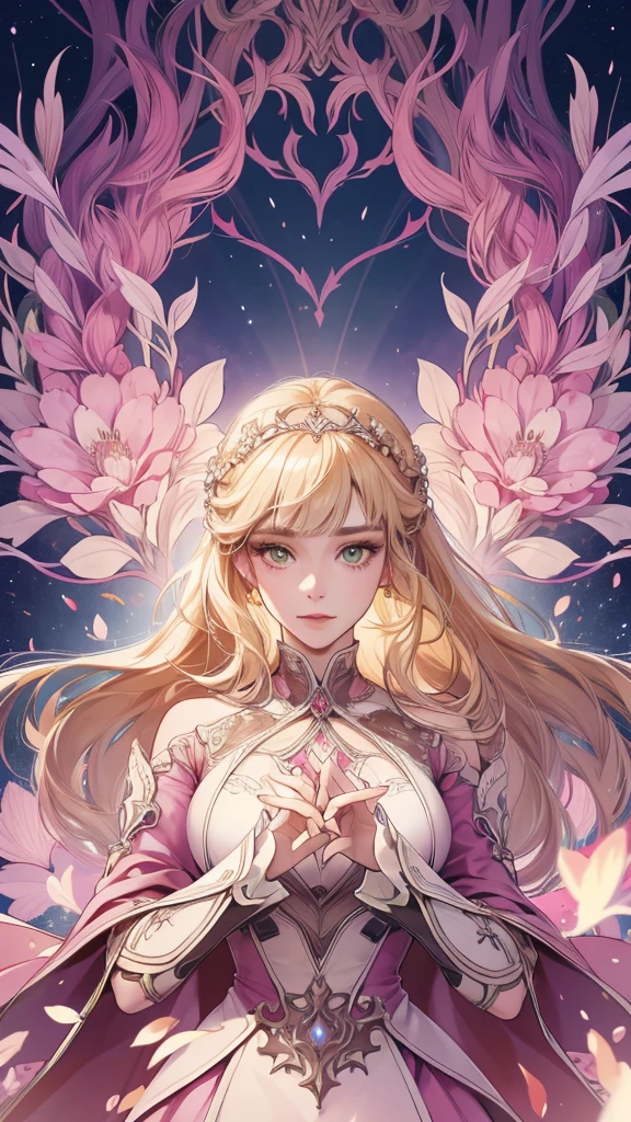 (absurdres, highres, ultra detailed), 1girl, mature female, wavy blonde hair, long hair, blunt bangs, green eyes, pink dress, finely detailed eyes and detailed face, extremely detailed CG unity 8k wallpaper, intricate details, BREAK , kaleidoscopic imagery, symmetrical patterns, vibrant colors, geometric shapes, mesmerizing designs, optical illusions, dynamic composition BREAK , pantomime art, expressive body language, silent storytelling, evocative gestures, visual narratives, theatrical performances BREAK , blooming flowers, colorful petals, fragrant scents, nature's bounty, vibrant gardens, peaceful scenery