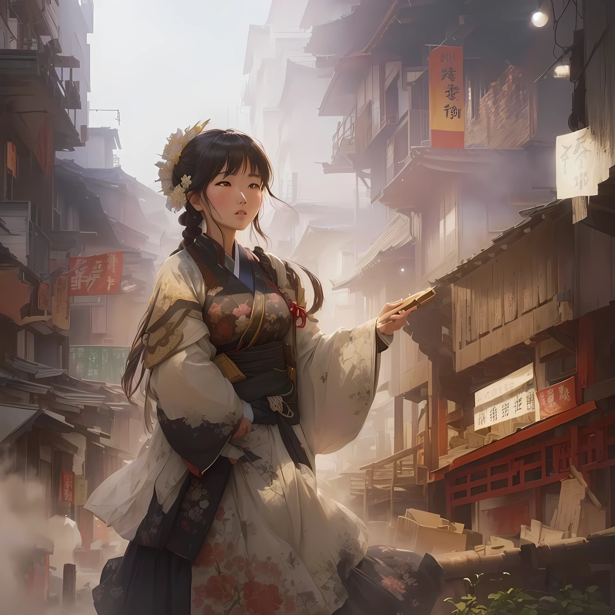 Anime style painting of a woman in a white dress holding a gun, artwork in the style of Gwaiz, Inspired by Chung Fenghua, Gwaiz, Beautiful artwork illustration, Sosei, Jan J, Gwaiz on pixiv artstation, Traditional Japanese concept art, Gwaiz masterpiece, Blazing flames inspired by Zhang Senyao, fire, crowd, throng, freezing, mother warming her baby.Scenery and Cityscape in the Early Meiji Era After the Meiji Restoration, Japan underwent rapid modernization and civilization. Consequently, many changes and reforms occurred. Below is a detailed explanation of the scenery, appearance of the poor, occupations, and cityscapes in the early Meiji period (1868 to the early 1880s). 2. Appearance of the Poor Life for the impoverished and lower classes remained harsh. In particular, in urban areas, people migrated from rural areas or unemployed artisans gathered, intensifying competition in the labor market. Many of them struggled with poverty, often residing in slums or around temples. 3. Occupations Meiji early Japan witnessed a diversification of occupations. Traditional agriculture and handicrafts were accompanied by the rise of modern industry and commerce. Particularly in urban areas, factory workers, shop clerks, and transporters increased, giving rise to new professions. However, many in these occupations endured harsh working conditions. 4. Influence of Civilization and Enlightenment During the Meiji era, Western cultural influences spread rapidly. Changes in clothing, dietary habits, and the proliferation of Western-style architecture advanced, especially in urban areas. Conversely, this development posed a threat to traditional culture and lifestyles, resulting in societal upheaval and adaptation challenges. 5. Social Change and Policy Influence While promoting modernization policies, the government also addressed poverty and social issues. Legislation for labor protection and charitable activities to aid the poor were implemented. Nevertheless, living conditions for the impoverished scarcely improved. The early Meiji period marked a rapid transformation in