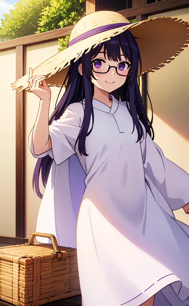 purple long hair、Glasses Girl、White dress、Straw hat、smile(Mouth open)、Resort、Jumping around、fine、background(Green Screen)、background(none)