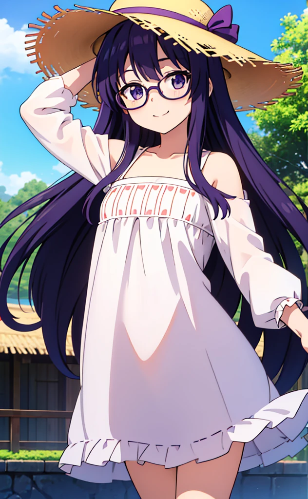 purple long hair、Glasses Girl、White dress、Straw hat、smile(Mouth open)、Resort、Jumping around、fine、background(Green Screen)、background(none)