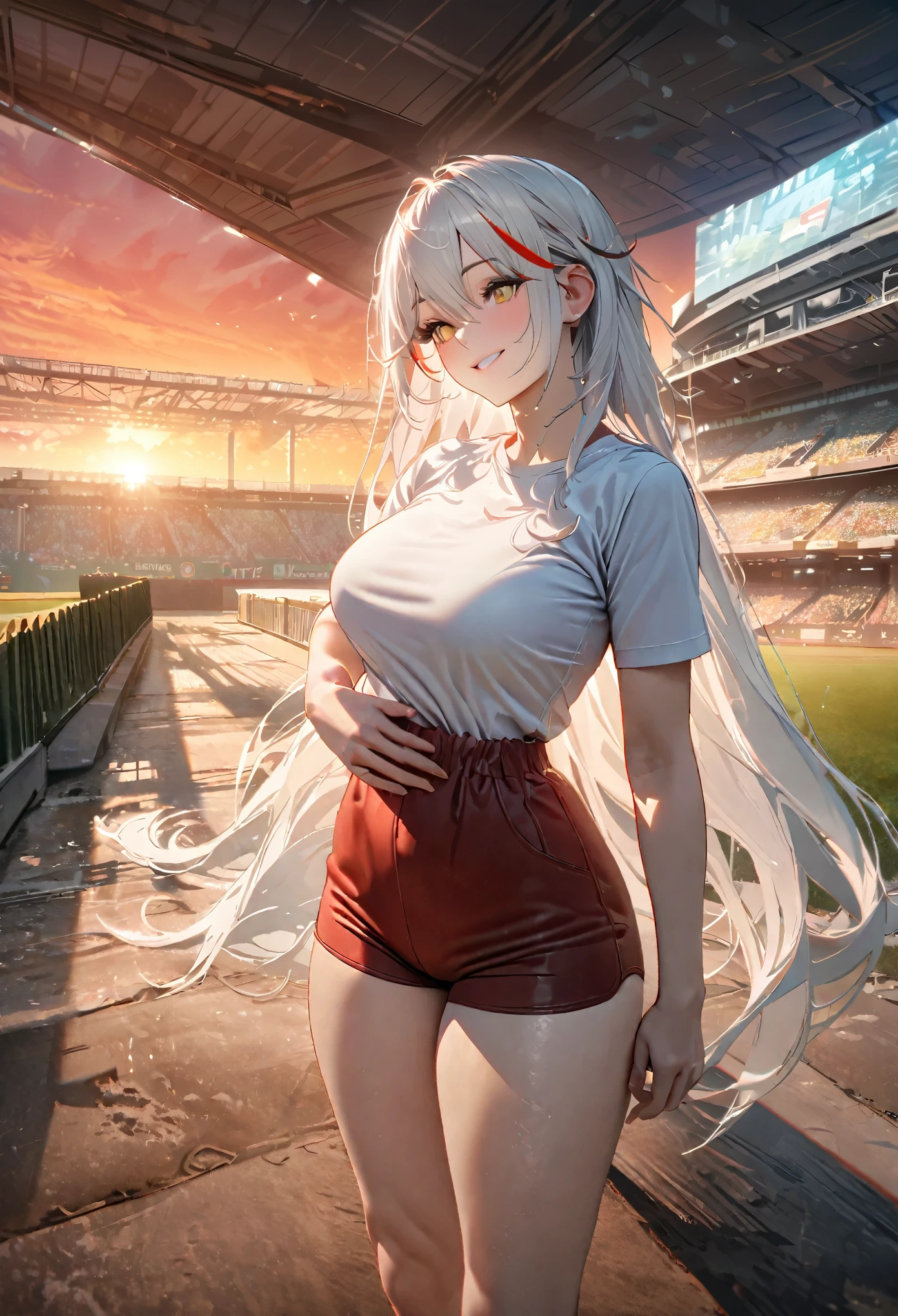 A woman wearing a white sports shirt, red sports shorts, exposed thigh, large breasts, standing posture, hand on waist, yellow eyes, white hair, long hair, red bangs, multicolored hair, horns, outside a sports stadium, in a park, concrete floor with trees around, smiling, place at the end of the sunset,UHD , prime work , accurate , anatomically correct , textured skin , super details , high quality , best quality, 8k, high resolution, bokeh effect. (woman solo), realistic, close view
