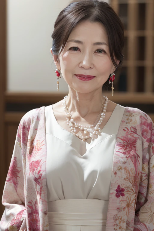 a beautiful mature 55 year old japanese woman, long eyelashes, red lipstick, rosy cheeks, pearl necklace, earrings, heavy eyeshadow, walking in a kimono, detailed portrait, intricate kimono pattern, natural lighting, cinematic, ultra-detailed, 8k, photorealistic, masterpiece, elegant, serene, warm color palette