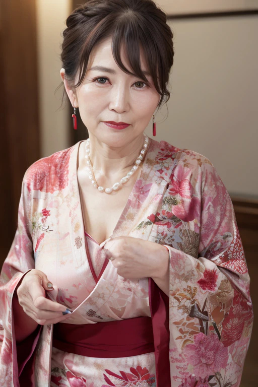 a beautiful mature 55 year old japanese woman, long eyelashes, red lipstick, rosy cheeks, pearl necklace, earrings, heavy eyeshadow, walking in a kimono, detailed portrait, intricate kimono pattern, natural lighting, cinematic, ultra-detailed, 8k, photorealistic, masterpiece, elegant, serene, warm color palette