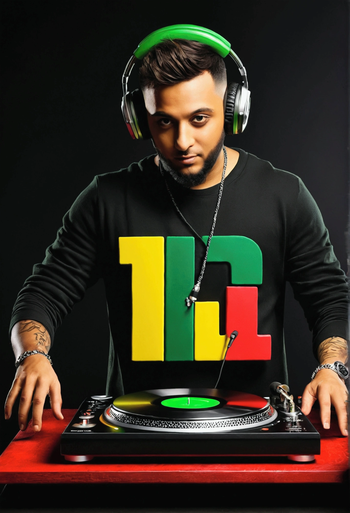 Create a logo, with DJ with green, yellow and red color palettes and at the same time 3D The name described in the logo must be D i L i
