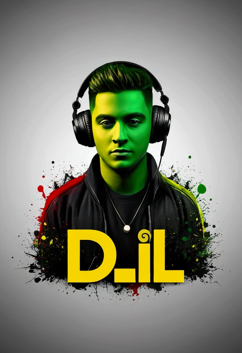 Create a logo, with DJ with green, yellow and red color palettes and at the same time 3D The name described in the logo must be D i L i