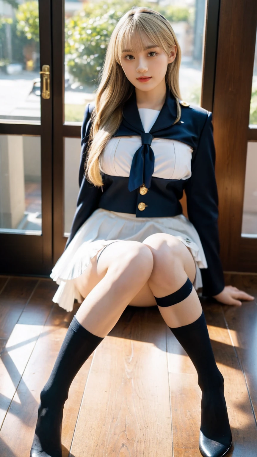 Ultra-high resolution, Realistic, Very detailed, Golden Ratio, Highest quality, 2人Are standing姿の全身ショット, (promotional photoshoot), (Are standing), ((nsfw:1.3)),彼らはハイヒールを履いて床にAre standing, (big tits), Beautiful Face, (Realisticな face), (blondeのショートカット:1.3), Japanese blonde, blonde, short hair, hair band, Glare, Frowning, Drooling, Long Tongue:1.1, Verbal invitation, Compensate, Big Breasts:1.3,Frowning, Frowningをする, Surrealism, First Person View, First Person View, Wide-angle, Ultra-high resolution, Anatomically correct, Very detailedな, 16K, They both wear the same uniform, (She is wearing a navy blue mini uniform...), , (wide thighs), (Very long legs),, (Micro Mini Skirt), They both always wear black stockings..., (Shiny black stockings thighs), (The black stockings have no pattern...),(Too much exposed skin)