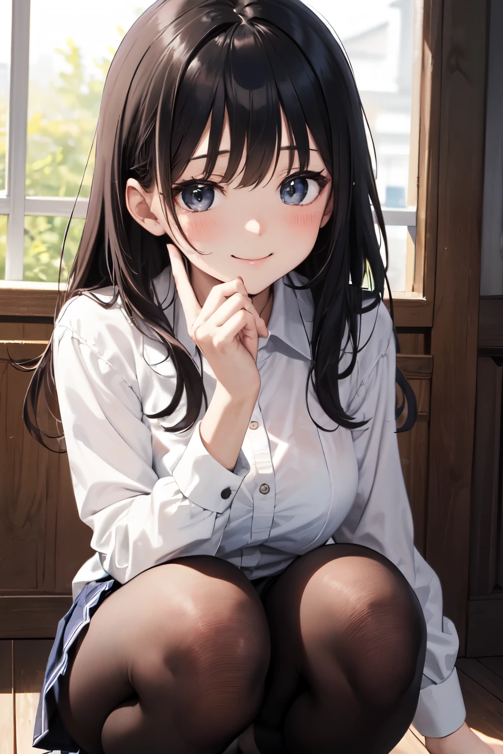 very cute and beautiful girl,(Very detailed美しい顔), (smile),blush,Black Hair,Seraphim,(White Shirt、Pleated navy blue pread your legs、Squat)、Sitting、(From below)、(Black tights、Lacy white panties), Country road, (Highest quality,masterpiece:1.0),Absurd,High resolution,Super detailed,Very detailed,32K,8k resolution, Intricate details,Movie Scenes,Detailed Background,alone,Dynamic Angle,