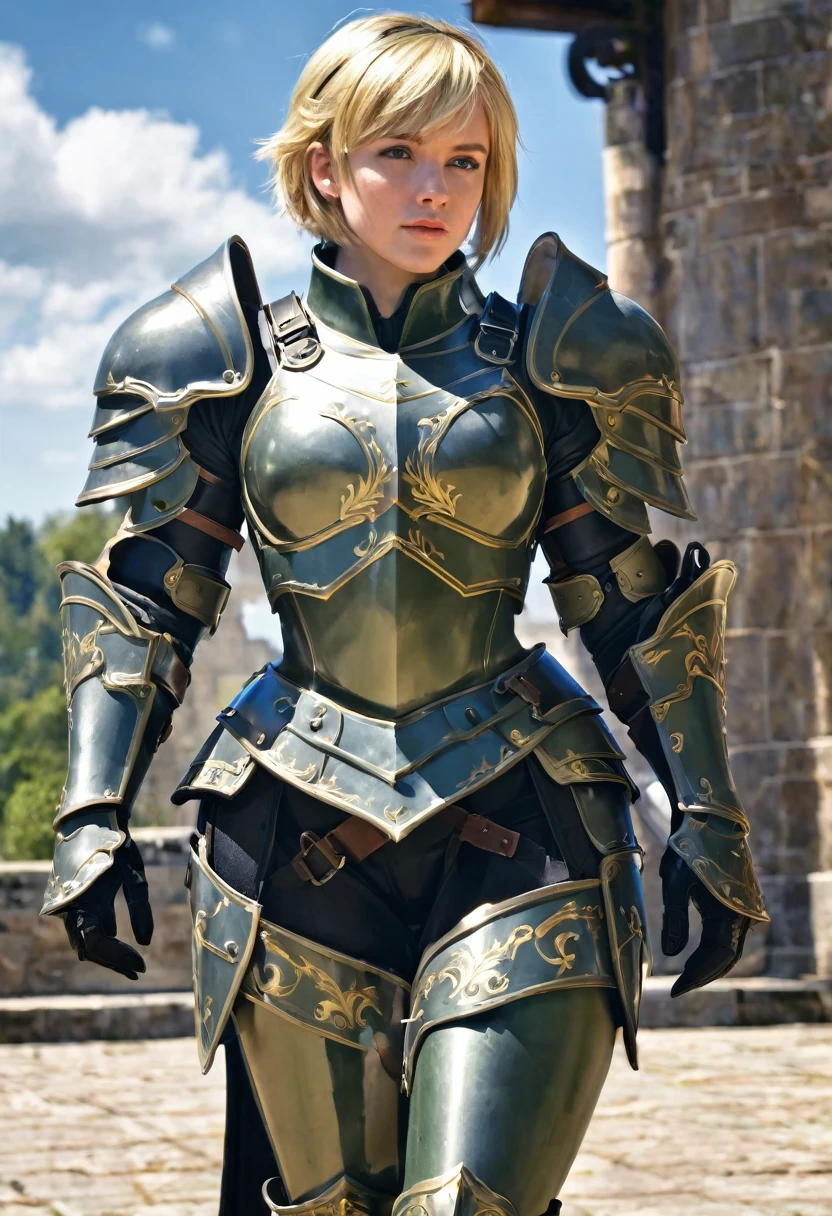 upper body, closed mouth,def_jade,looking at viewer, armor, breastplate,gauntlets, shoulder armor, pauldrons, boots, visor (armor), faulds, plate armor, greaves,outdoors, (masterpiece, best quality, ultra-detailed, best shadow),blonde short hair