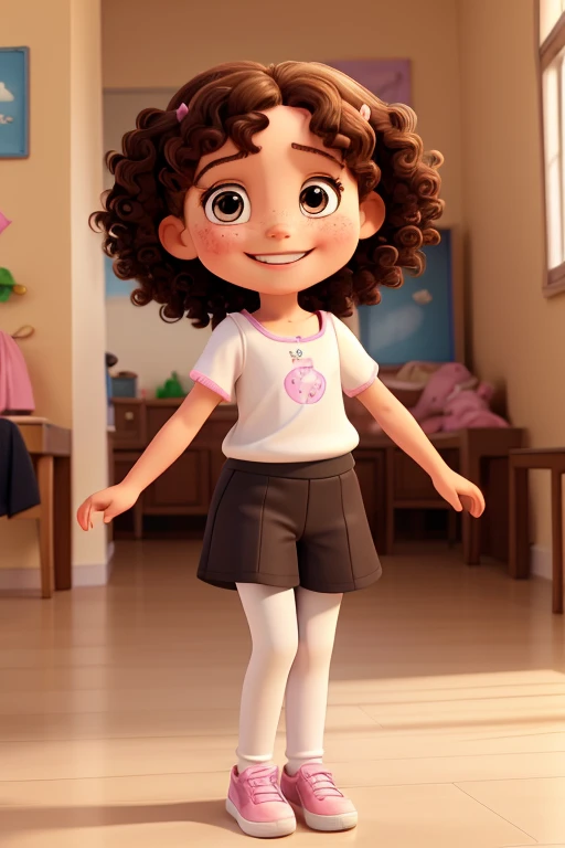 a photo of dodora carinss, a 7 year old girl, happy and smiling, white with freckles, with shoulder-length brown curly hair, brown eyes, pink blouse, black pants, white sneakers, playing in the square