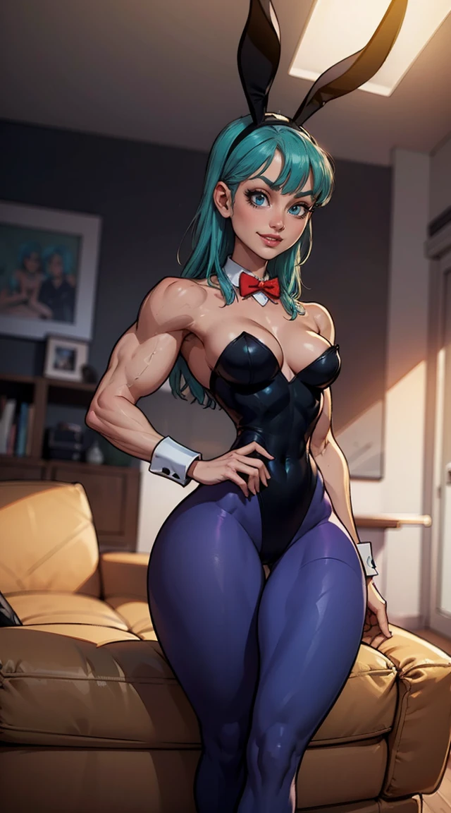 (Muscular:1.9), (thick thighs:1.8),
(bulma, 1girl, solo, blue eyes, blue hair, aqua hair), (long hair), (bangs, straight hair), (big smile:1.4),
hard , (small breastslayboy bunny,leotard, strapless leotard, cleavage, bare should, (purple pantyhose:1.5), (red bowtie:1(wrist cuffs, rabbit ears, rabbit tail:1.3),
looking at viewer, (three quarter view:1.5), (upper body view:1.6), (standing up:1.2)
fancy apartment livingroom, rim lighting, two tone lighting, dim lighting, soft lighting, bokeh, detailed skin, detailed eyes