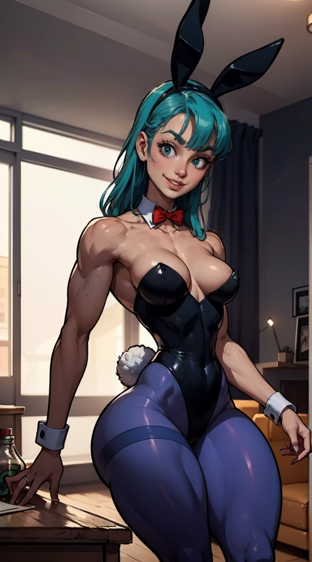 (Muscular:1.9), (thick thighs:1.8),
(bulma, 1girl, solo, blue eyes, blue hair, aqua hair), (long hair), (bangs, straight hair), (big smile:1.4),
hard nipples, (small breasts:2),
(playboy bunny, black leotard, strapless leotard, cleavage, bare shoulders:1.3), (purple pantyhose:1.5), (red bowtie:1.3), (wrist cuffs, rabbit ears, rabbit tail:1.3),
looking at viewer, (three quarter view:1.5), (upper body view:1.6), (standing up:1.2)
fancy apartment livingroom, rim lighting, two tone lighting, dim lighting, soft lighting, bokeh, detailed skin, detailed eyes