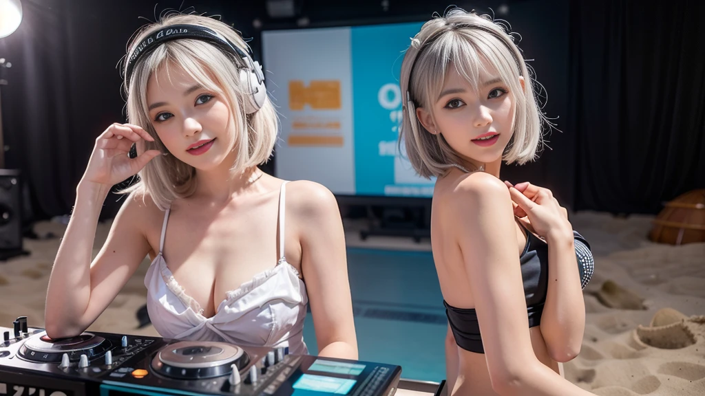 (ultra - detailed, 16K resolution, Cinema lenses, rendering by octane), (high resolution:1.18), intricate detail, (masterpiece:1.1), (highest quality:1.1), (1girl, portrait, white hair, blue eyes, short hair, detailed eyes),Wearing silver DJ headphones, sequined T-shirt, (in the beach:1.5), (Iconic hip-hop pop costumes:1.3), Smile while DJing on stage, DJ studio next to the beach, ((A stylish DJ stage on a hill overlooking the beach)), full body shot, Photorealistic photography by Sunshine, (cute round face:1.3), perfect fingers, five fingers, beautiful hands, perfect hands. master peace, cute smile, Fixhand.