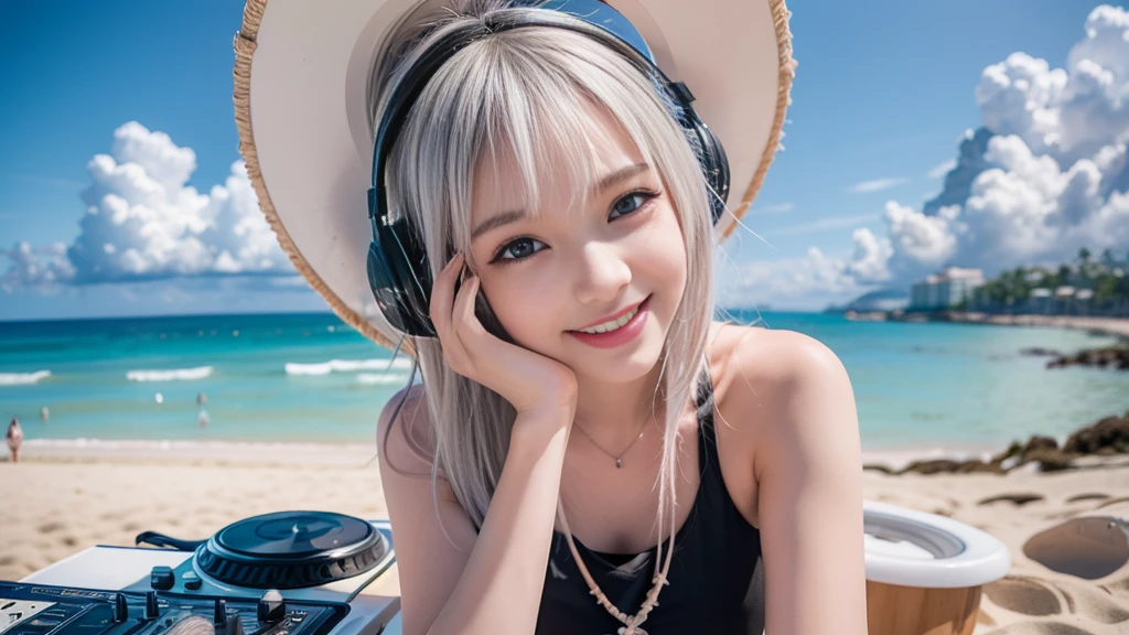 (ultra - detailed, 16K resolution, Cinema lenses, rendering by octane), (high resolution:1.18), intricate detail, (masterpiece:1.1), (highest quality:1.1), (1girl, portrait, white hair, blue eyes, short hair, detailed eyes),Wearing silver DJ headphones, sequined T-shirt, (in the beach:1.5), (Iconic hip-hop pop costumes:1.3), Smile while DJing on stage, DJ studio next to the beach, ((A stylish DJ stage on a hill overlooking the beach)), full body shot, Photorealistic photography by Sunshine, (cute round face:1.3), perfect fingers, five fingers, beautiful hands, perfect hands. master peace, cute smile, Fixhand.