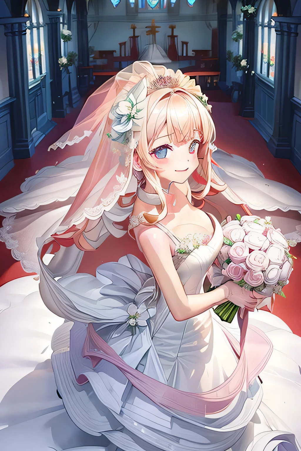 ((ultra-detailed)), 1girl, solo, looking at viewer, gloves, (wedding dress:1.5), church, looking at viewer, holding bouquet, pale blue bouquet, cleavage, perfect face, light particles, smile, ((illustration)), (((best quality))), ((masterpiece)), From above