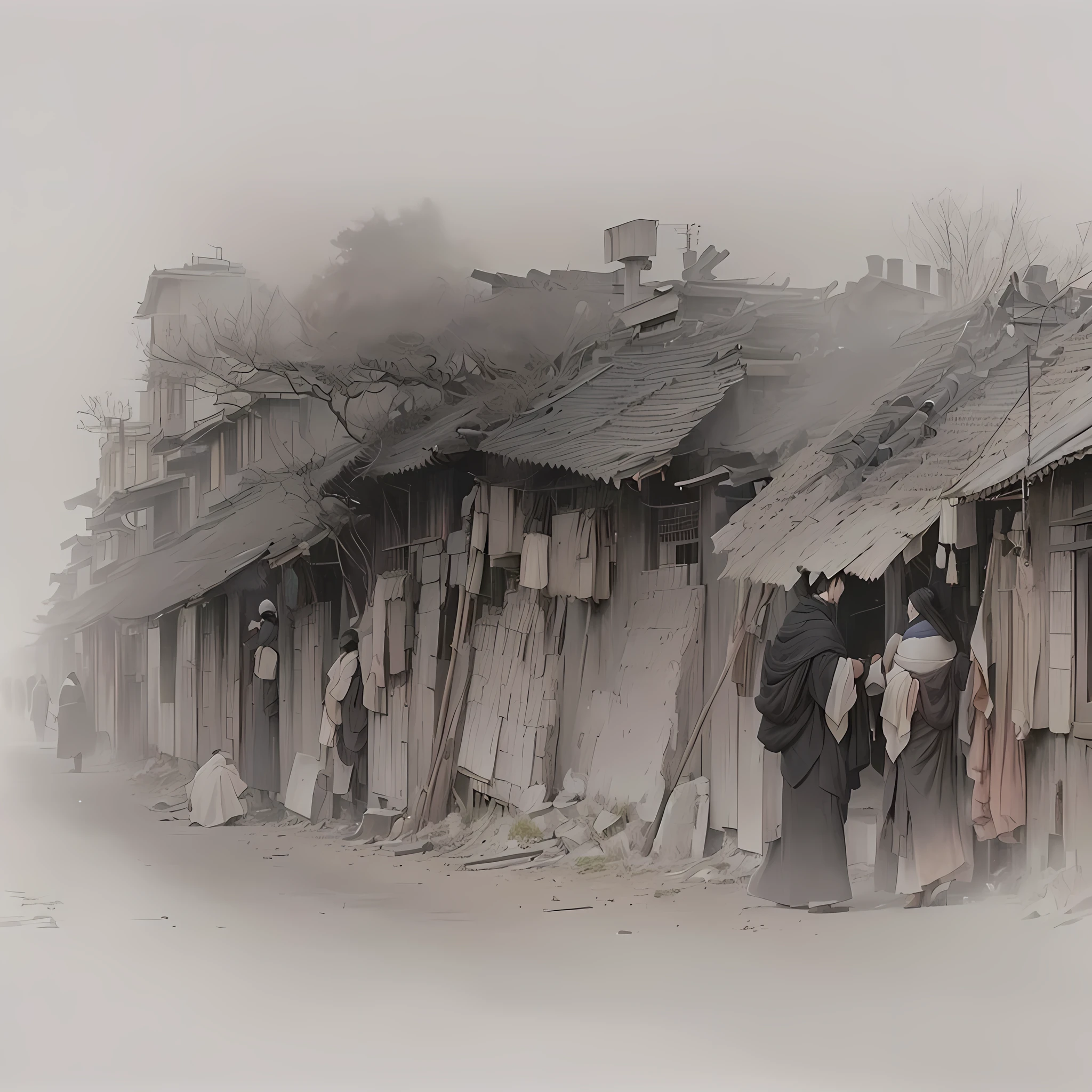 masterpiece, Highest quality, (Highly detailed CG Unity 8k wallpaper), (Highest quality), (Best illustrations), (Best Shadow), Absurd, Realistic lighting, (abyss), Beautiful sparkle, art:PeterMohrBacher,Blazing flames, fire, crowd, throng, freezing, mother warming her baby.Scenery and Cityscape in the Early Meiji Era After the Meiji Restoration, Japan underwent rapid modernization and civilization. Consequently, many changes and reforms occurred. Below is a detailed explanation of the scenery, appearance of the poor, occupations, and cityscapes in the early Meiji period (1868 to the early 1880s). 2. Appearance of the Poor Life for the impoverished and lower classes remained harsh. In particular, in urban areas, people migrated from rural areas or unemployed artisans gathered, intensifying competition in the labor market. Many of them struggled with poverty, often residing in slums or around temples. 3. Occupations Meiji early Japan witnessed a diversification of occupations. Traditional agriculture and handicrafts were accompanied by the rise of modern industry and commerce. Particularly in urban areas, factory workers, shop clerks, and transporters increased, giving rise to new professions. However, many in these occupations endured harsh working conditions. 4. Influence of Civilization and Enlightenment During the Meiji era, Western cultural influences spread rapidly. Changes in clothing, dietary habits, and the proliferation of Western-style architecture advanced, especially in urban areas. Conversely, this development posed a threat to traditional culture and lifestyles, resulting in societal upheaval and adaptation challenges. 5. Social Change and Policy Influence While promoting modernization policies, the government also addressed poverty and social issues. Legislation for labor protection and charitable activities to aid the poor were implemented. Nevertheless, living conditions for the impoverished scarcely improved. The early Meiji period marked a rapid transformation in Japan, with complex social landscapes involving challenges face.