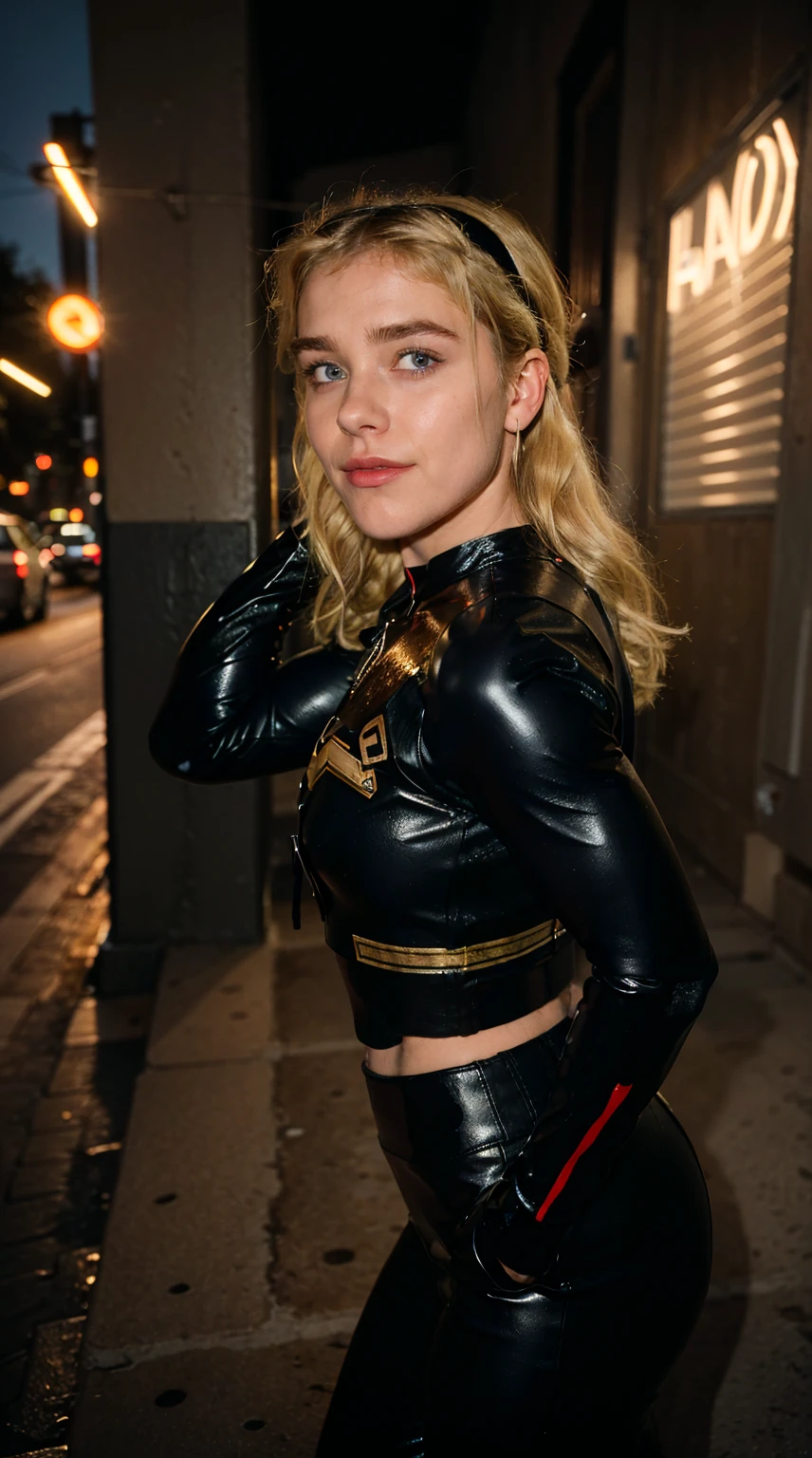 (masterpiece), (solo character), (photorealistic1.4), (epiCRealLife), (best quality), (starlight), (white hairband), (starlight latex outfit), ( blonde hair, curly hair), (Erin Moriarty), (big breasts), (cleavage),, (flashphoto), (walking on the street), (city night view), (outdoor), (from behind)