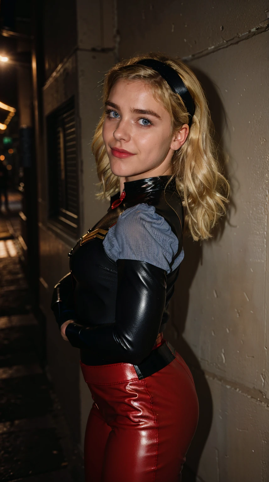 Masterpiece, Best quality, (solo girl), (close portrait), (photorealistic1.4), (epiCRealLife), (flashphoto), (UHD), (young woman), (blonde hair), (blue eyes), (Wondergirl_YJ latex black armor costume), (Wondergirl_YJ black hairband) (long red Wondergirl_YJ sweat pants), (Wondergirl_YJ black costume) (, (outdoor street), (Kiernan Shipka smile),(sks woman), (cowboy shots), (from side)