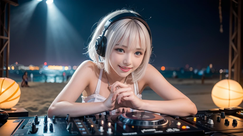 (ultra - detailed, 16K resolution, Cinema lenses, rendering by octane), (high resolution:1.18), intricate detail, (masterpiece:1.1), (highest quality:1.1), (1girl, portrait, white hair, blue eyes, short hair, detailed eyes),Wearing silver DJ headphones, sequined T-shirt, (in the beach:1.5), (Iconic hip-hop pop costumes:1.3), Smile while DJing on stage, DJ studio next to the beach, ((A stylish DJ stage on a hill overlooking the beach)), full body shot, Photorealistic photography by Sunshine, (cute round face:1.3), perfect fingers, five fingers, beautiful hands, perfect hands. master peace, cute smile, Fixhand.