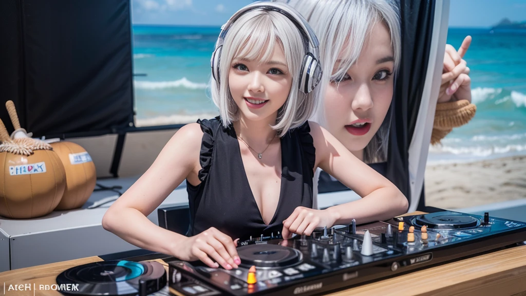 (ultra - detailed, 16K resolution, Cinema lenses, rendering by octane), (high resolution:1.18), intricate detail, (masterpiece:1.1), (highest quality:1.1), (1girl, portrait, white hair, blue eyes, short hair, detailed eyes),Wearing silver DJ headphones, sequined T-shirt, (in the beach:1.5), (Iconic hip-hop pop costumes:1.3), Smile while DJing on stage, DJ studio next to the beach, ((A stylish DJ stage on a hill overlooking the beach)), full body shot, Photorealistic photography by Sunshine, (cute round face:1.3), perfect fingers, five fingers, beautiful hands, perfect hands. master peace, cute smile, Fixhand.