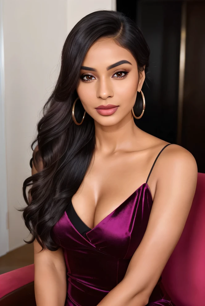 Create an ultra-realistic image of a modern, attractive female influencer of Indian descent, aged between 27 to 30. She should have a warm and inviting smile, expressive almond-shaped eyes with a slight shimmer, and clear, glowing skin with a medium brown complexion. Her features should be well-defined, with high cheekbones and a sharp jawline. Her hair should be long, thick, and wavy, with a natural shine and bounce, styled in an intricate updo with curls and volume. She should have a slender yet athletic build with a bust size of medium (42-44 inches), reflecting a healthy and active lifestyle.

She is wearing a modern and sleek jumpsuit available in black, white, or jewel tones that highlights her toned figure. Her outfit is completed with stylish black heeled sandals that add elegance to her look. She accessorizes with subtle yet chic jewelry, such as small hoop earrings and a few thin bangles. Her hair color is a deep, reddish-purple hue that’s bold yet sophisticated.

The background should be a vibrant, glamorous red carpet setting with velvet ropes and flashing lights, suggesting a high-fashion feel. Her overall appearance should exude confidence, approachability, and sophistication, capturing the essence of a contemporary Indian fashion influencer.