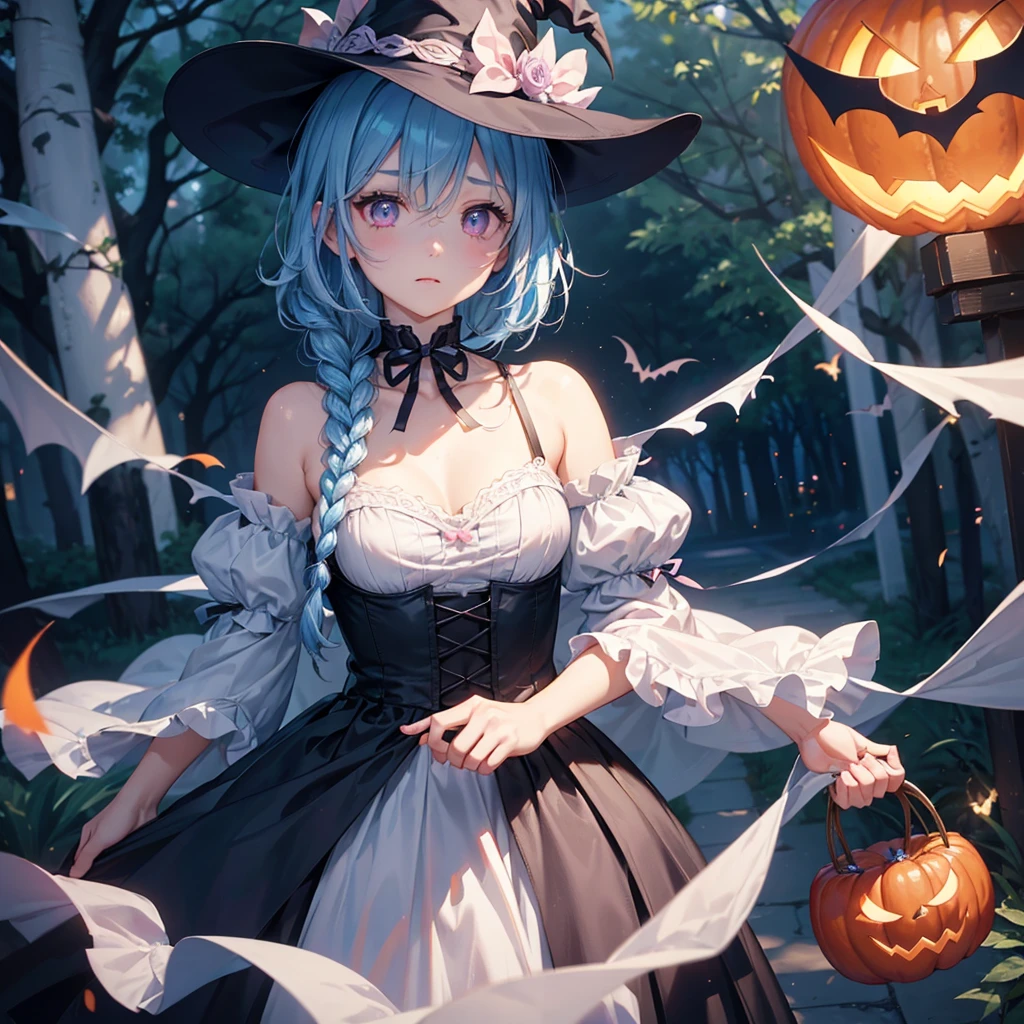 (Light blue medium hair:1.2),(Braided hair:1.2)、Pink eyes、Fair skin、cowboy shot、Halloween、The background is a pumpkin ghost、Crescent Moon、Trick or Treat、A lot of sweets、witch、Halloween night、Candy、many bat、Condescending expression、solo、(masterpiece、Highest quality、Very detailed、Best Shadow)、(Detailed Background)、(Beautifully detailed face)、High contrast、(Best lighting、Very delicate and beautiful)、(Cinematic Light)、colorful、Hyper Detail、Dramatic Light、Exquisite detail、