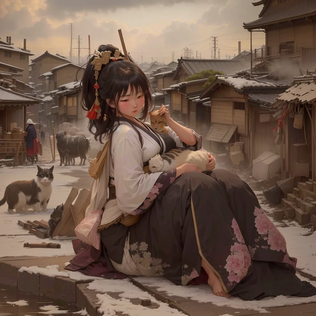Anime girl sitting on the ground with a cat on her shoulder, artwork in the style of Gwaiz, Gwaiz, Gwaiz on pixiv artstation, Gwaiz masterpiece, Sosei, Gwaiz on artstation pixiv, 2. 5d cgi anime fantasy artwork, Jan J, Beautiful artwork illustration Blazing flames, fire, crowd, throng, freezing, mother warming her baby.Scenery and Cityscape in the Early Meiji Era After the Meiji Restoration, Japan underwent rapid modernization and civilization. Consequently, many changes and reforms occurred. Below is a detailed explanation of the scenery, appearance of the poor, occupations, and cityscapes in the early Meiji period (1868 to the early 1880s). 2. Appearance of the Poor Life for the impoverished and lower classes remained harsh. In particular, in urban areas, people migrated from rural areas or unemployed artisans gathered, intensifying competition in the labor market. Many of them struggled with poverty, often residing in slums or around temples. 3. Occupations Meiji early Japan witnessed a diversification of occupations. Traditional agriculture and handicrafts were accompanied by the rise of modern industry and commerce. Particularly in urban areas, factory workers, shop clerks, and transporters increased, giving rise to new professions. However, many in these occupations endured harsh working conditions. 4. Influence of Civilization and Enlightenment During the Meiji era, Western cultural influences spread rapidly. Changes in clothing, dietary habits, and the proliferation of Western-style architecture advanced, especially in urban areas. Conversely, this development posed a threat to traditional culture and lifestyles, resulting in societal upheaval and adaptation challenges. 5. Social Change and Policy Influence While promoting modernization policies, the government also addressed poverty and social issues. Legislation for labor protection and charitable activities to aid the poor were implemented. Nevertheless, living conditions for the impoverished scarcely improved. The early Meiji period marked a rapid transformation i