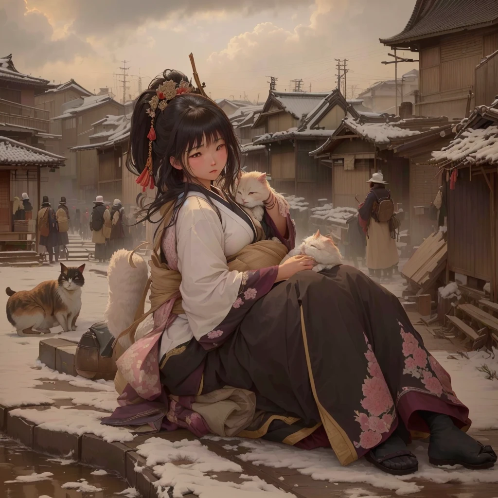 Anime girl sitting on the ground with a cat on her shoulder, artwork in the style of Gwaiz, Gwaiz, Gwaiz on pixiv artstation, Gwaiz masterpiece, Sosei, Gwaiz on artstation pixiv, 2. 5d cgi anime fantasy artwork, Jan J, Beautiful artwork illustration Blazing flames, fire, crowd, throng, freezing, mother warming her .Scenery and Cityscape in the Early Meiji Era After the Meiji Restoration, Japan underwent rapid modernization and civilization. Consequently, many changes and reforms occurred. Below is a detailed explanation of the scenery, appearance of the poor, occupations, and cityscapes in the early Meiji period (1868 to the early 1880s). 2. Appearance of the Poor Life for the impoverished and lower classes remained harsh. In particular, in urban areas, people migrated from rural areas or unemployed artisans gathered, intensifying competition in the labor market. Many of them struggled with poverty, often residing in slums or around temples. 3. Occupations Meiji early Japan witnessed a diversification of occupations. Traditional agriculture and handicrafts were accompanied by the rise of modern industry and commerce. Particularly in urban areas, factory workers, shop clerks, and transporters increased, giving rise to new professions. However, many in these occupations endured harsh working conditions. 4. Influence of Civilization and Enlightenment During the Meiji era, Western cultural influences spread rapidly. Changes in clothing, dietary habits, and the proliferation of Western-style architecture advanced, especially in urban areas. Conversely, this development posed a threat to traditional culture and lifestyles, resulting in societal upheaval and adaptation challenges. 5. Social Change and Policy Influence While promoting modernization policies, the government also addressed poverty and social issues. Legislation for labor protection and charitable activities to aid the poor were implemented. Nevertheless, living conditions for the impoverished scarcely improved. The early Meiji period marked a rapid transformation i