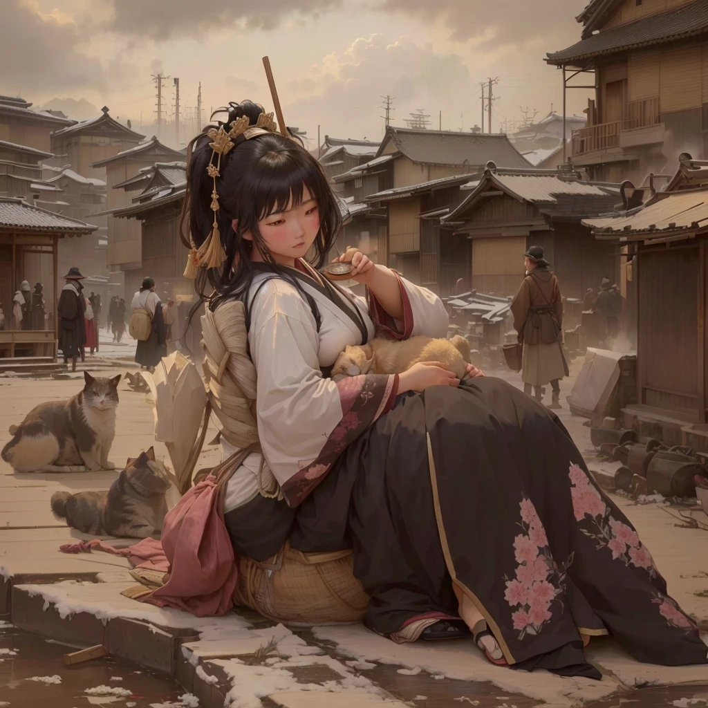 Anime girl sitting on the ground with a cat on her shoulder, artwork in the style of Gwaiz, Gwaiz, Gwaiz on pixiv artstation, Gwaiz masterpiece, Sosei, Gwaiz on artstation pixiv, 2. 5d cgi anime fantasy artwork, Jan J, Beautiful artwork illustration Blazing flames, fire, crowd, throng, freezing, mother warming her baby.Scenery and Cityscape in the Early Meiji Era After the Meiji Restoration, Japan underwent rapid modernization and civilization. Consequently, many changes and reforms occurred. Below is a detailed explanation of the scenery, appearance of the poor, occupations, and cityscapes in the early Meiji period (1868 to the early 1880s). 2. Appearance of the Poor Life for the impoverished and lower classes remained harsh. In particular, in urban areas, people migrated from rural areas or unemployed artisans gathered, intensifying competition in the labor market. Many of them struggled with poverty, often residing in slums or around temples. 3. Occupations Meiji early Japan witnessed a diversification of occupations. Traditional agriculture and handicrafts were accompanied by the rise of modern industry and commerce. Particularly in urban areas, factory workers, shop clerks, and transporters increased, giving rise to new professions. However, many in these occupations endured harsh working conditions. 4. Influence of Civilization and Enlightenment During the Meiji era, Western cultural influences spread rapidly. Changes in clothing, dietary habits, and the proliferation of Western-style architecture advanced, especially in urban areas. Conversely, this development posed a threat to traditional culture and lifestyles, resulting in societal upheaval and adaptation challenges. 5. Social Change and Policy Influence While promoting modernization policies, the government also addressed poverty and social issues. Legislation for labor protection and charitable activities to aid the poor were implemented. Nevertheless, living conditions for the impoverished scarcely improved. The early Meiji period marked a rapid transformation i