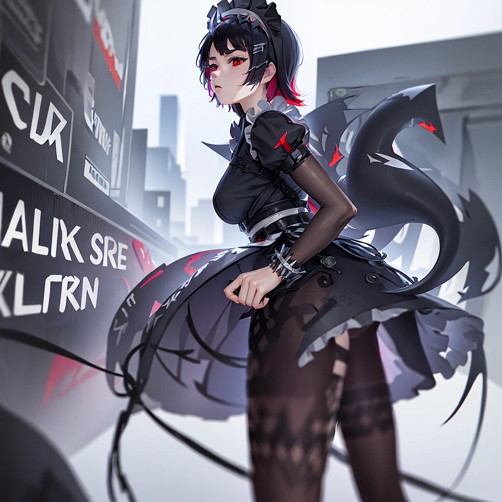 ellen joe, cute pose at the street, background graffiti on the wall, black hair, colored inner hair, multicolored hair, (red eyes:1.3), red hair, short hair, two-tone hair, apron, black pantyhose, black shirt, black skirt, ear piercing, fins, fish tail, maid, maid apron, maid headdress, pantyhose, piercing, puffy short sleeves, puffy sleeves, shark girl, shark tail, shirt, short sleeves, skirt, tail, two-tone hair, wrist cuffs,