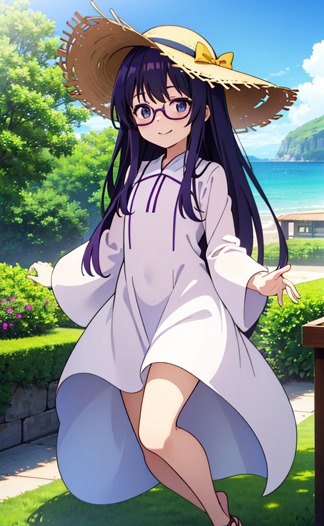 purple long hair、Glasses Girl、White dress、Straw hat、smile(Mouth open)、Resort、Jumping around、fine、background(Green Screen)、background(Single color simple)