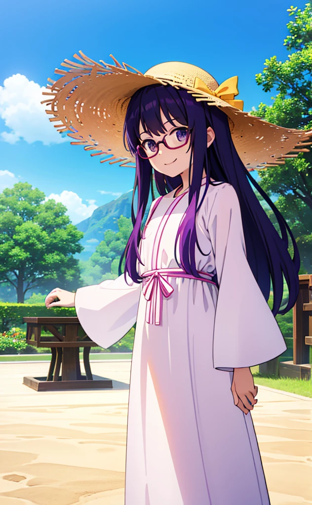 purple long hair、Glasses Girl、White dress、Straw hat、smile(Mouth open)、Resort、Jumping around、fine、background(Green Screen)、background(Single color simple)
