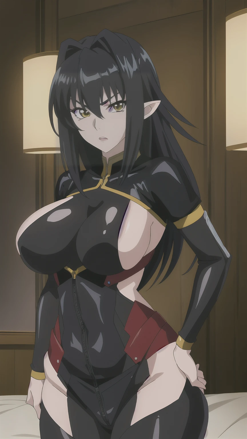 Annerose, 1girl, female mature, action pose, long hair, black hair, pointy ears, yellow eyes, large breasts, (bodysuit:1.05), higheels, shiny clothes, (skin tight:1.05), hair intakes, cowboy shot, perfect body, (athletic body:1.1), anime face, perfect face, perfect eyes, anime eyes, smoky eyeliner, eyeshadow, looking at viewer, sharp focus, intricate details, masterpiece painting, professional artwork, vivid colors, Diffused lighting, digital blending, ultra detailed body, ultra detail hair, ultra detail face, trending on pixiv, by Kagami Hirotaka, (((mature woman, mature female, 35yo))), Black Lilith, inside private room, anime