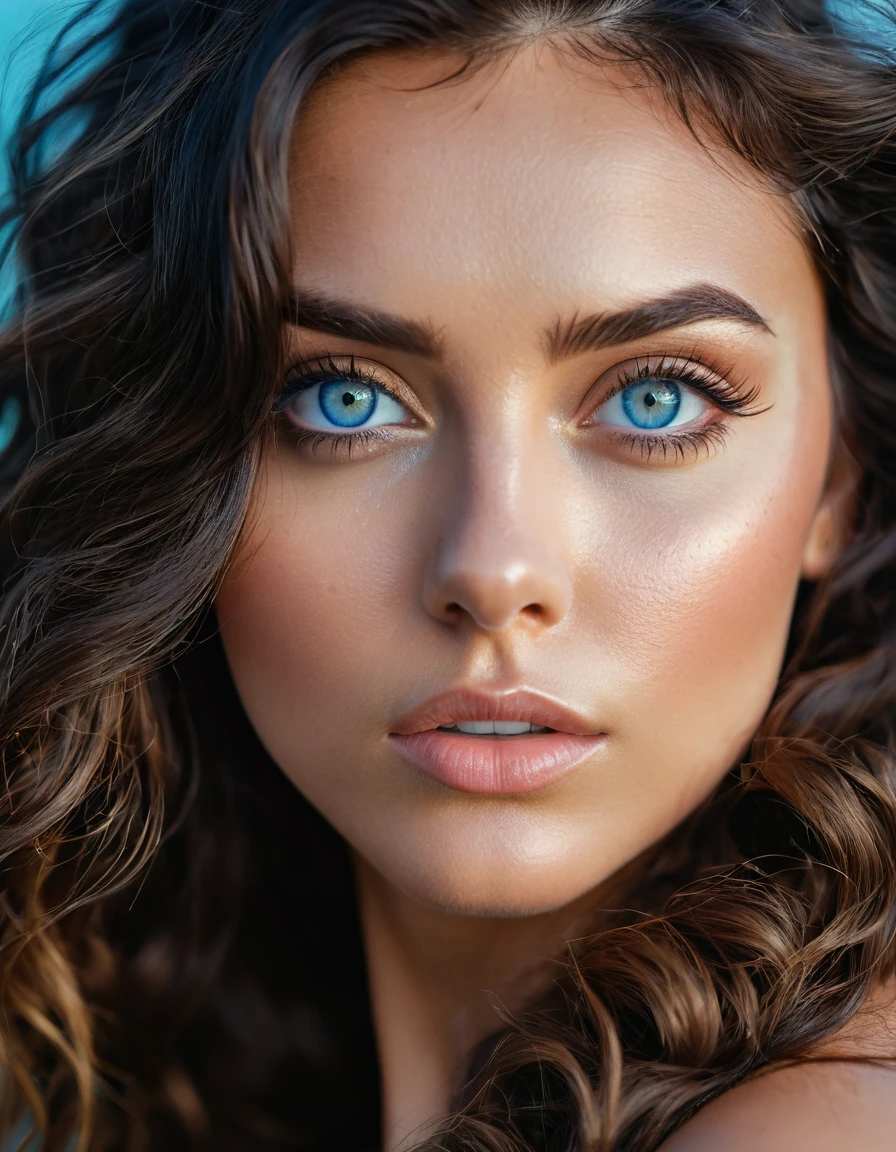 (masterpiece), best quality, expressive eyes, perfect face, head close up portrait with detailed eyes, detailed features, photographic 35mm shot, goddess & temptess, candid, golden hour, cinematic lightning, extreme realism , realistic, black wavy hair, acqua blue eyes, pastel-colored background, The image, captured in stunning Ultra HD, Nikon D850, — style raw — c 10 — ar 2:3 — s 250