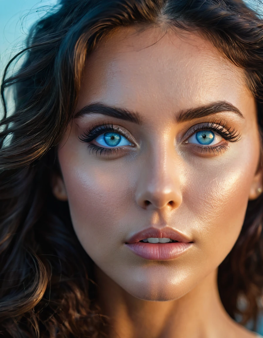 (masterpiece), best quality, expressive eyes, perfect face, head close up portrait with detailed eyes, detailed features, photographic 35mm shot, goddess & temptess, candid, golden hour, cinematic lightning, extreme realism , realistic, black wavy hair, acqua blue eyes, pastel-colored background, The image, captured in stunning Ultra HD, Nikon D850, — style raw — c 10 — ar 2:3 — s 250