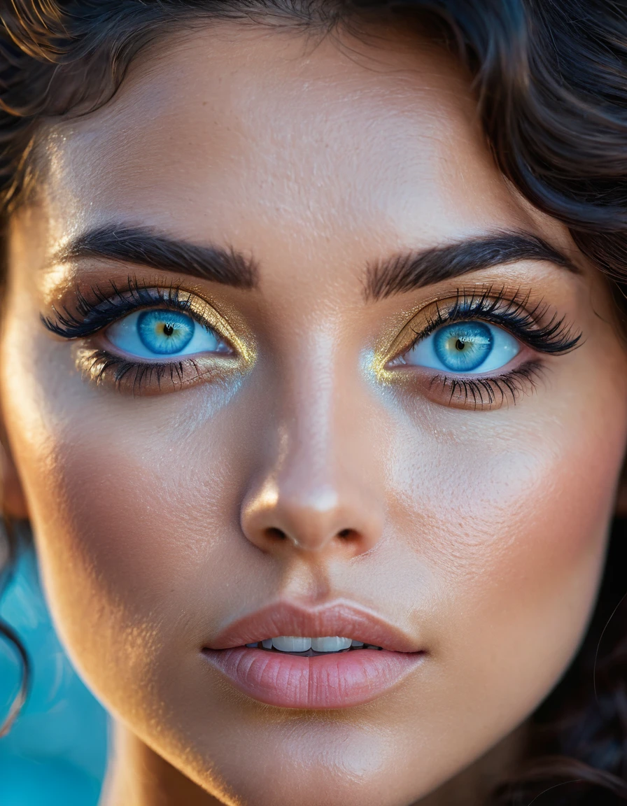 (masterpiece), best quality, expressive eyes, perfect face, head close up portrait with detailed eyes, detailed features, photographic 35mm shot, goddess & temptess, candid, golden hour, cinematic lightning, extreme realism , realistic, black wavy hair, acqua blue eyes, pastel-colored background, The image, captured in stunning Ultra HD, Nikon D850, — style raw — c 10 — ar 2:3 — s 250