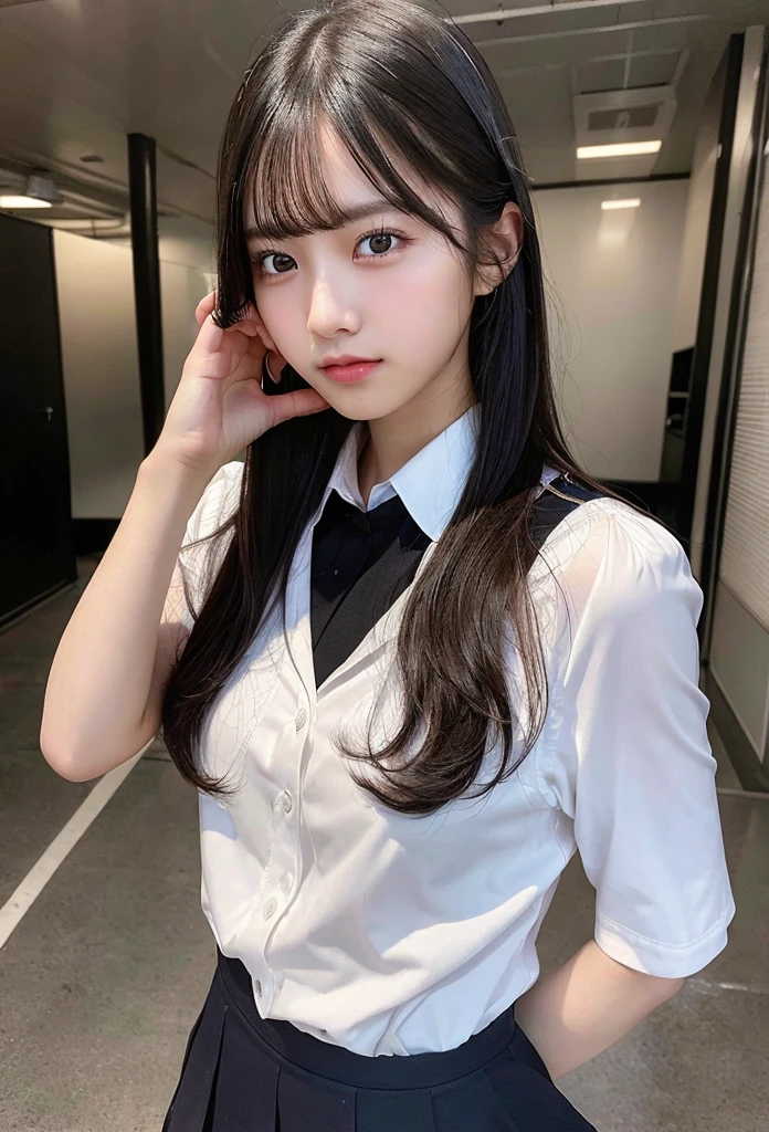 Highest quality, masterpiece, Ultra-high resolution, (Realistic: 1.4), RAW Photos, Dynamic Pose,((uniform)),Young,1 girl, Black Hair, Glowing Skin, School, Dramatic lighting, whole body, high school girl,