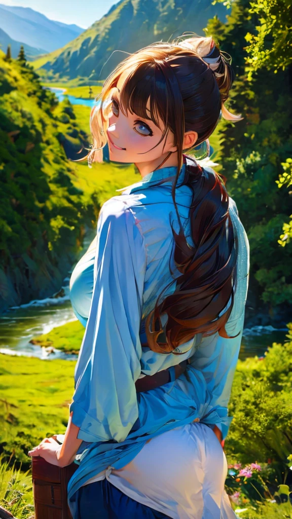 High Resolution, Masterpiece, High Quality, High Definition, Focus on Face of One Young Woman, Human Figure, Overlooking Large Forest from Back, Mountain Landscape, Forest, Nature, River