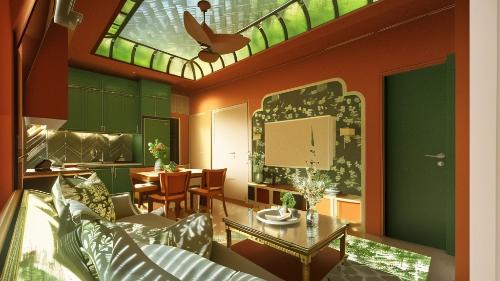 Indochine style, living room and kitchen, day light