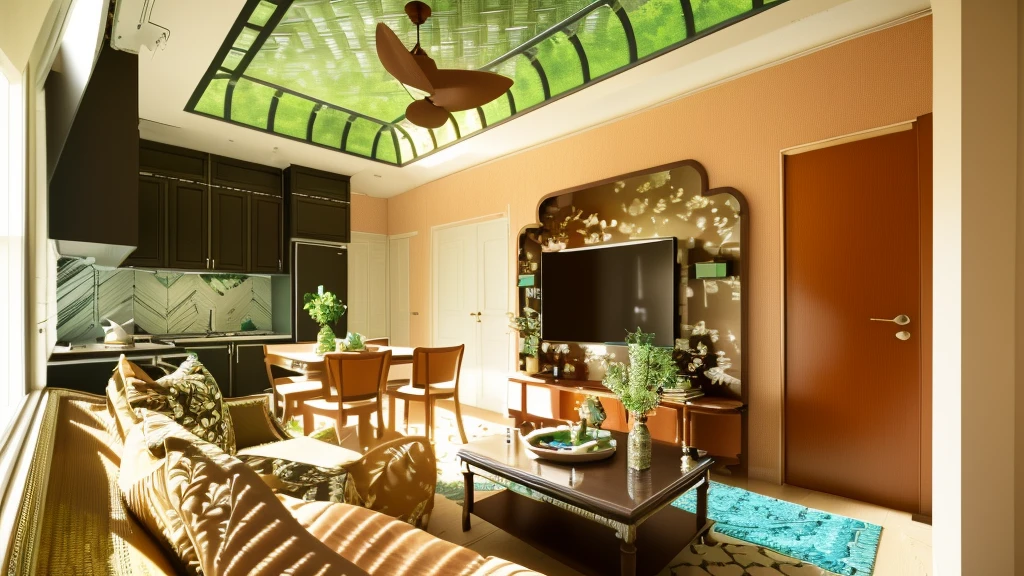 Indochine style, living room and kitchen, day light