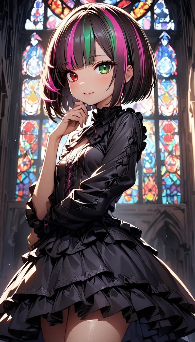 (highest quality:1.2, Very detailed, up to date, Vibrant, Ultra-high resolution, High Contrast, masterpiece:1.2, highest quality, Best aesthetics), Portraiture、girl、solo, (25-years-old:1.5), slim, , heterrochromia, green eye, red eye, ((gothic lolita:1.3)), intricate black lace dress, (in charch), (Stained glass:1), Bright colors、Beautiful fine details、Beautiful lip detail、extra short hair, ((bob cut:1.5))、pink and purple, ((streaked hair:1.9)), (highlights hair: 1.6), (small breast:1.3), cowboy shot:1, hand on own chin