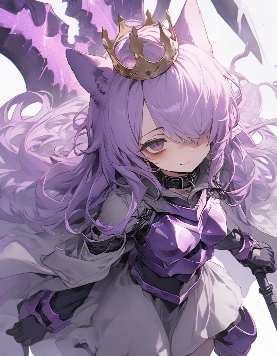agical girl,frill,frilled sleeve,(1girl:1.5), {masterpiece), best quality, illustration,(purple long hair:1.3) , expressionless,chest,(purple hair:1.1),,,,bags_under_eyes, (hair over one eye:1.25),,, jimiko, long hair, big hair,(shaded face:1.1),wince, ,, darkness,(dog ears:1.1), chained collar,collar,smile,fang, ,knight armor,(crown:1.2),spiked armor,grey cloak,grey shirts,,,(purple armor:1.1),,,,,standing pose,1girl white background,(tachi-e:1.4),, ,cyber outfit, (cyber hi-tech boots:1.2), high resolution, digital painting, 8k high resolution, trending art station, white background, whole body. hold on high tech energy axe,