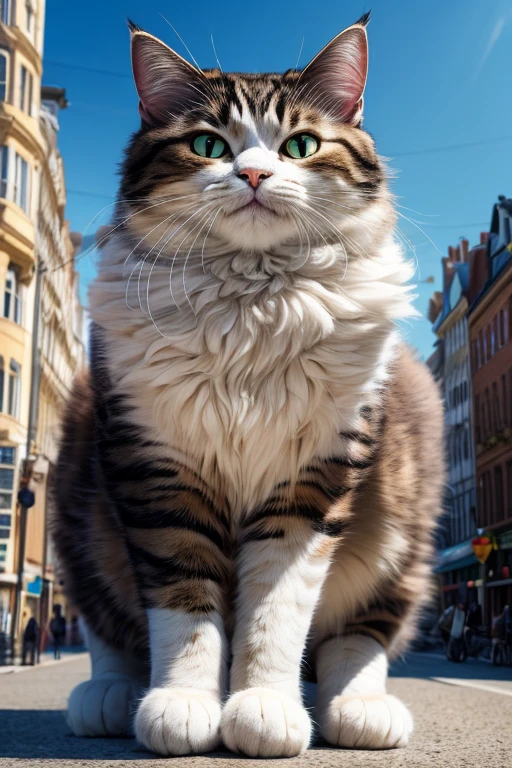 Giant Cat, Fluffy cat,Cute Cat, Bast masterpiece,Highest quality,8k,High resolution, Fantastic,cute,amazing, Please draw a giant cat in a city. 