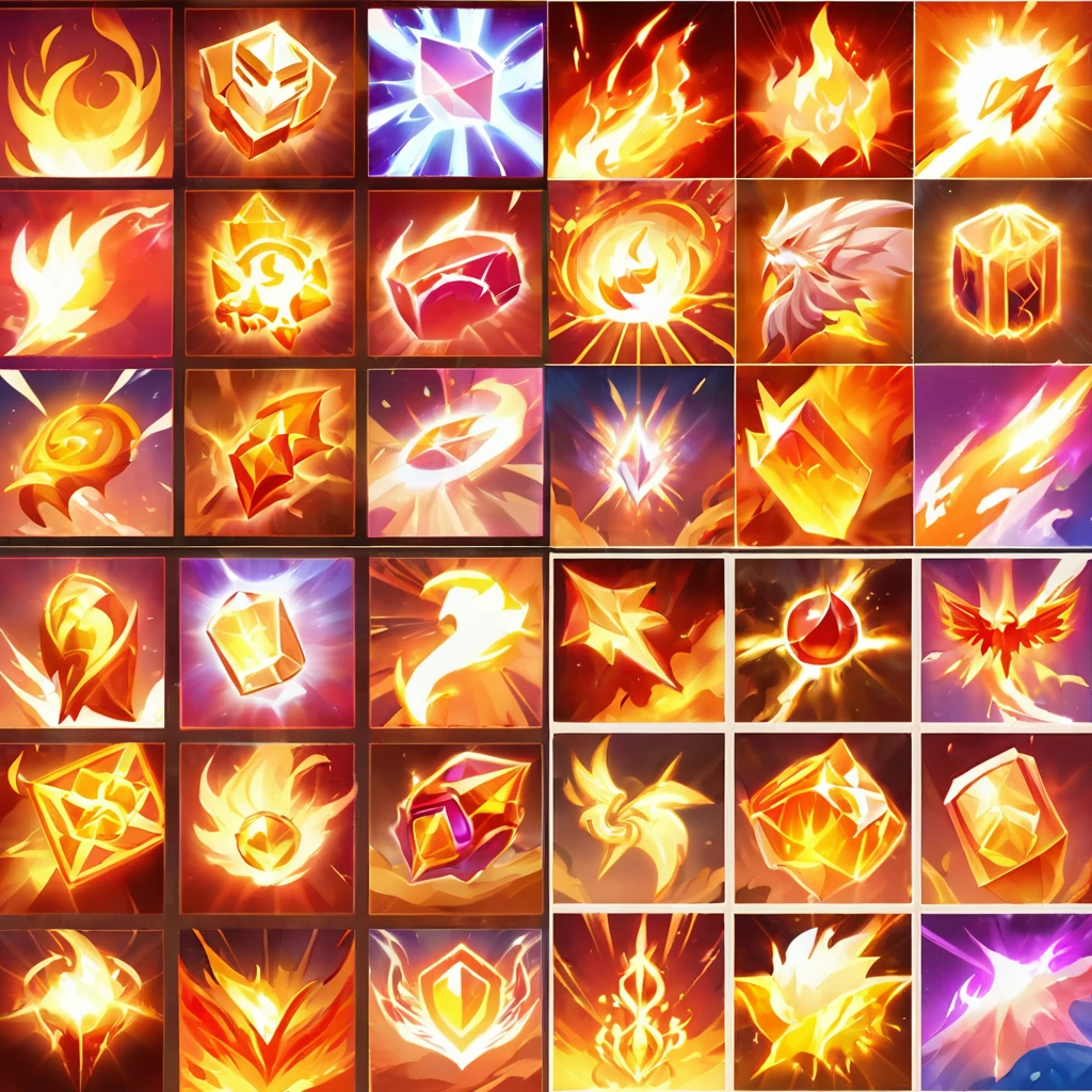 Close up of a bunch of different fire and ice icons, holy fire spell art, Game Icon Assets, Skill competency art, Glowing energy effect, Firepower, Capability Image, Object Art, Fantasy game spell icons, Mysterious art style, Flash explosion, video game skills competencies, Lightning Mage spell icon, Stylized game icons, Magic spell icon