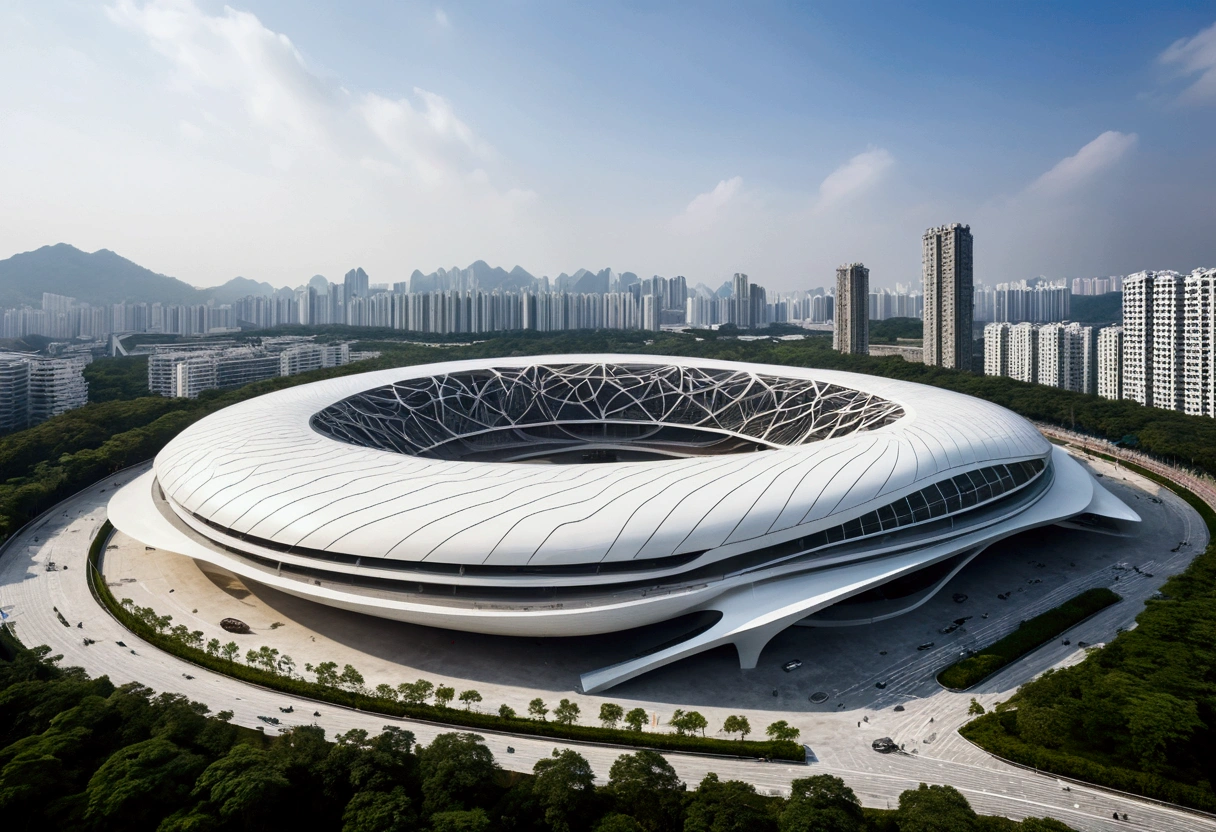 Araffature of building with dome roof and parking lot, Cha Shibiao, shenzhen, Inspired by Cha Shibiao, Zaha Hadid style architecture, Zaha Hadid architect's style, Zaha Hadid Architecture, huge futuristic building, Hangzhou, Baotou, China, zaha hadid building, full view, futuristic sport arena,