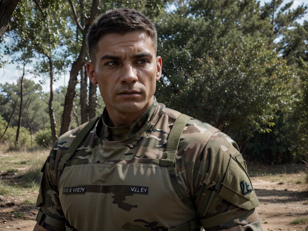 a muscular veteran soldier with battle-hardened features,strong jaw,piercing eyes,short cropped hair,wearing camouflage uniform with combat gear,standing in rugged outdoor environment,sunlight filtering through trees,cinematic lighting,muted color palette,gritty,realistic,dramatic,high-quality,8k,photorealistic