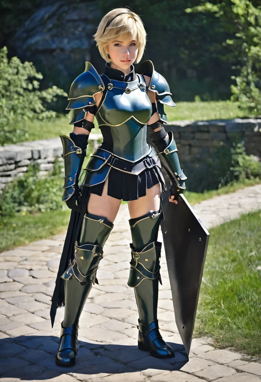 upper body, closed mouth,def_jade,looking at viewer, armor, breastplate,gauntlets, shoulder armor, pauldrons, boots, visor (armor), faulds, plate armor, greaves,outdoors, (masterpiece, best quality, ultra-detailed, best shadow),blonde short hair